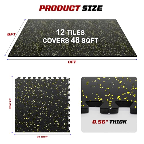 0.56" Thick Interlocking Gym Floor Mats, 12 Tiles (48 Sq Ft) - Rubber Top & High-Density EVA Foam Base, Heavy Duty Protection for Home Gym, Garage Gym, Commercial Gym Flooring - Black/Yellow - Image 3