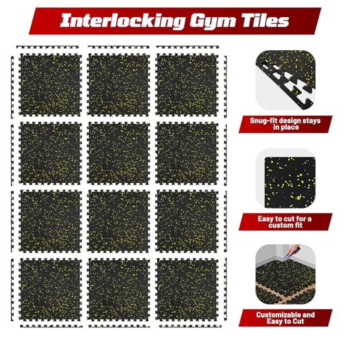 0.56" Thick Interlocking Gym Floor Mats, 12 Tiles (48 Sq Ft) - Rubber Top & High-Density EVA Foam Base, Heavy Duty Protection for Home Gym, Garage Gym, Commercial Gym Flooring - Black/Yellow - Image 4