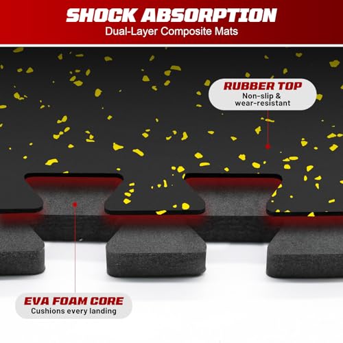 0.56" Thick Interlocking Gym Floor Mats, 12 Tiles (48 Sq Ft) - Rubber Top & High-Density EVA Foam Base, Heavy Duty Protection for Home Gym, Garage Gym, Commercial Gym Flooring - Black/Yellow - Image 7