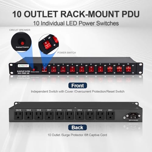 10-Outlet 1U Horizontal PDU Rack Mount Power Strip - Overload Protector,100-240V/15A/1800 Joules,for Network Servers,Power Conditioner with 10 Individual Switches and 6 ft Power Cord - Image 3