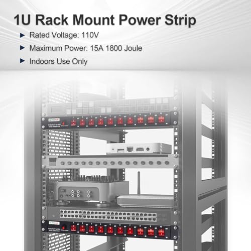 10-Outlet 1U Horizontal PDU Rack Mount Power Strip - Overload Protector,100-240V/15A/1800 Joules,for Network Servers,Power Conditioner with 10 Individual Switches and 6 ft Power Cord - Image 4
