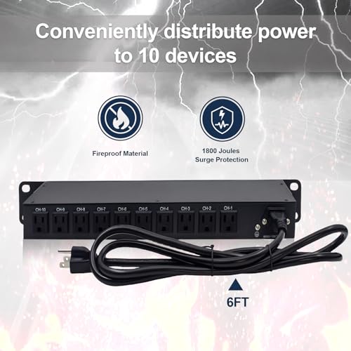 10-Outlet 1U Horizontal PDU Rack Mount Power Strip - Overload Protector,100-240V/15A/1800 Joules,for Network Servers,Power Conditioner with 10 Individual Switches and 6 ft Power Cord - Image 5