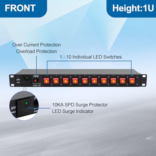 10 Outlets 1U Horizontal PDU Network Rackmount Power Strip with Surge Protector, (SPD-10KA) 100-240V,15A 3600 Joules, w/10 LED Switches and 6ft 14 AWG Cord - Image 3