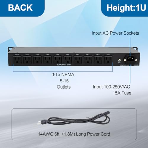 10 Outlets 1U Horizontal PDU Network Rackmount Power Strip with Surge Protector, (SPD-10KA) 100-240V,15A 3600 Joules, w/10 LED Switches and 6ft 14 AWG Cord - Image 4