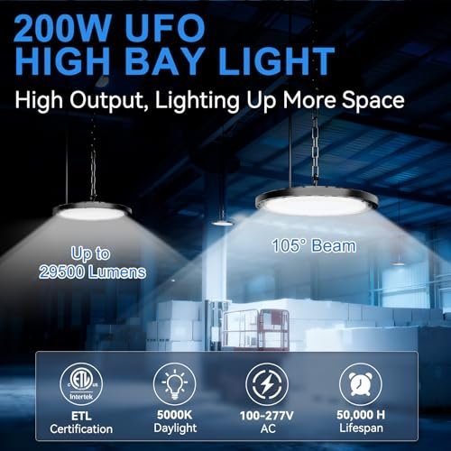 10 Pack 200W UFO LED High Bay Light, 29500lm 5000K Shop Lights for Warehouse, 5' Cable with Plug AC110-277V, Waterproof Commercial Lights for Barn Workshop Garage Factory Warehouse Gym ETL Listed - Image 3