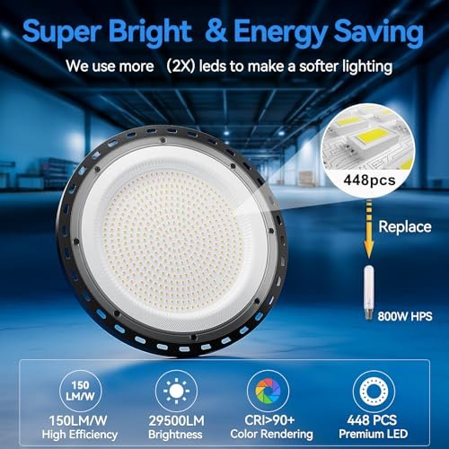 10 Pack 200W UFO LED High Bay Light, 29500lm 5000K Shop Lights for Warehouse, 5' Cable with Plug AC110-277V, Waterproof Commercial Lights for Barn Workshop Garage Factory Warehouse Gym ETL Listed - Image 4