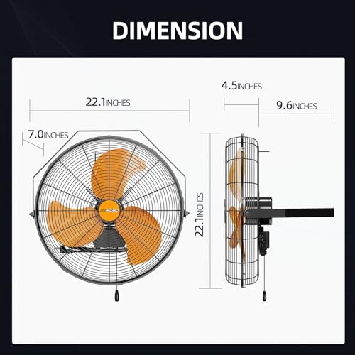 18 inch Industrial Wall-Mount Fan, 4250 CFM High Velocity Metal Commercial Fan, 3 Speed, Adjustable Tilt, for Garage, Greenhouse, Covered Patio, Workshop, Gym Room, Basement - Image 6