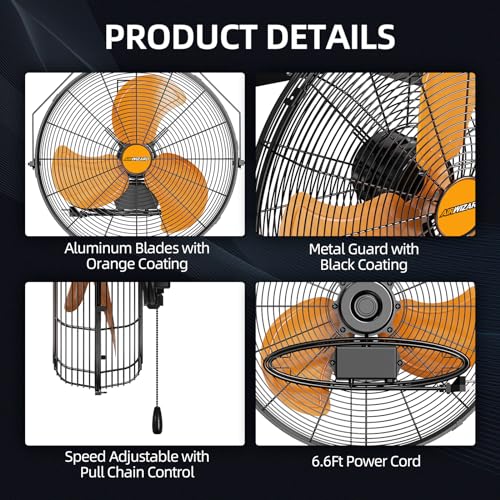 18 inch Industrial Wall-Mount Fan, 4250 CFM High Velocity Metal Commercial Fan, 3 Speed, Adjustable Tilt, for Garage, Greenhouse, Covered Patio, Workshop, Gym Room, Basement - Image 7