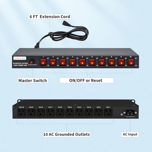 1U PDU Horizontal Rackmount Power Strip - Surge Protector 10 NEMA 5-15R Outlet 100V-240V/15A 1800 Joules, 10 Independent LED Switches, w/6 ft Cord, for Network Server, ETL Listed, by CENTROPOWER - Image 3
