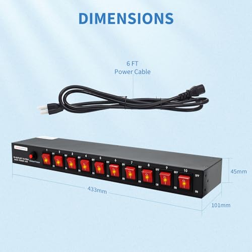 1U PDU Horizontal Rackmount Power Strip - Surge Protector 10 NEMA 5-15R Outlet 100V-240V/15A 1800 Joules, 10 Independent LED Switches, w/6 ft Cord, for Network Server, ETL Listed, by CENTROPOWER - Image 4