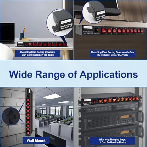 1U PDU Horizontal Rackmount Power Strip - Surge Protector 10 NEMA 5-15R Outlet 100V-240V/15A 1800 Joules, 10 Independent LED Switches, w/6 ft Cord, for Network Server, ETL Listed, by CENTROPOWER - Image 5