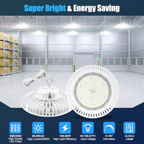 200W High Bay LED Light AC100-277V 29,000LM(150Lm/w) UFO Lighting 0-10V Dimmable 5000K Daylight IP65 UL Listed 6ft Cable Low Bay Led Lights for Warehouse Factory Gym Commercial Applications - Image 3