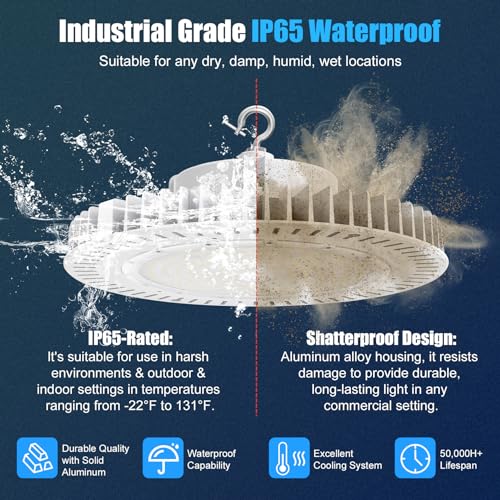 200W High Bay LED Light AC100-277V 29,000LM(150Lm/w) UFO Lighting 0-10V Dimmable 5000K Daylight IP65 UL Listed 6ft Cable Low Bay Led Lights for Warehouse Factory Gym Commercial Applications - Image 5