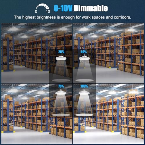 200W High Bay LED Light AC100-277V 29,000LM(150Lm/w) UFO Lighting 0-10V Dimmable 5000K Daylight IP65 UL Listed 6ft Cable Low Bay Led Lights for Warehouse Factory Gym Commercial Applications - Image 7