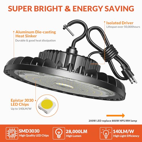 200W LED High Bay Light, 28000LM 110-277V 5000K Shop Garage Light with US Plug 5' Cable IP65 Waterproof UFO Commercial Lighting for Warehouse Barn Garage Workshop Factory Gym, 2 Pack - Image 3