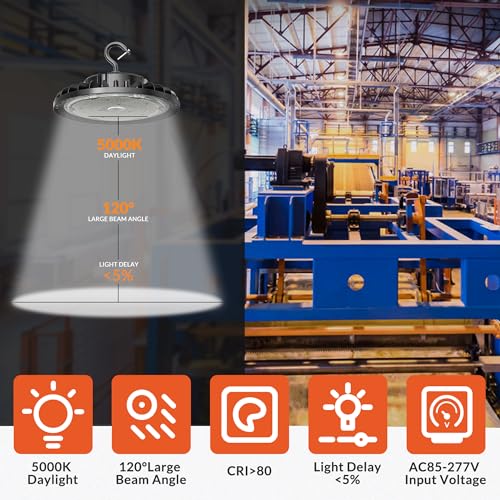 200W LED High Bay Light, 28000LM 110-277V 5000K Shop Garage Light with US Plug 5' Cable IP65 Waterproof UFO Commercial Lighting for Warehouse Barn Garage Workshop Factory Gym, 2 Pack - Image 6