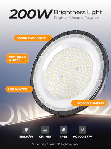 200W UFO LED High Bay Lights, 30000LM LED Shop Lights & Garage Lights, IP65 Waterproof 5000K Daylight, Industrial for Warehouse Factory Gym Barn (10 Pack) - Image 3