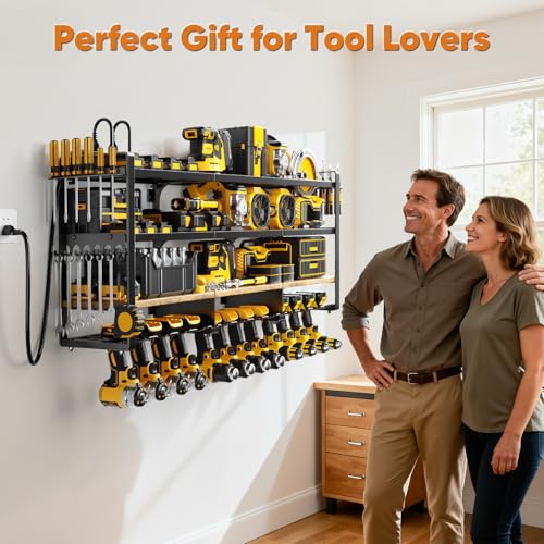 49.5" W Large Power Tool Organizer with Charging Station, 4 Layer Heavy Duty Utility Rack Loads 800lbs, Holds 8 Cordless Drills, Wall Mount Tool Shelf with 8-Outlet Power Strip, Gift for Men - Image 3