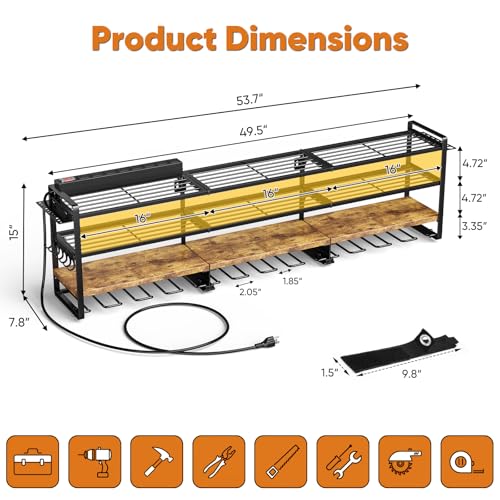 49.5" W Large Power Tool Organizer with Charging Station, 4 Layer Heavy Duty Utility Rack Loads 800lbs, Holds 8 Cordless Drills, Wall Mount Tool Shelf with 8-Outlet Power Strip, Gift for Men - Image 4