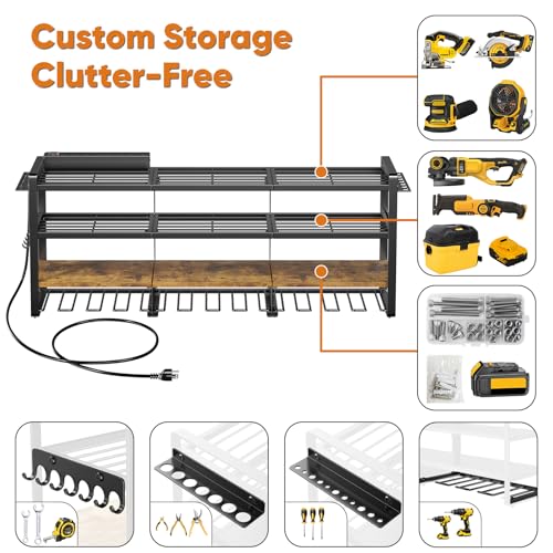 49.5" W Large Power Tool Organizer with Charging Station, 4 Layer Heavy Duty Utility Rack Loads 800lbs, Holds 8 Cordless Drills, Wall Mount Tool Shelf with 8-Outlet Power Strip, Gift for Men - Image 5