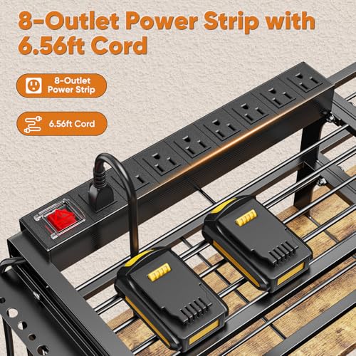 49.5" W Large Power Tool Organizer with Charging Station, 4 Layer Heavy Duty Utility Rack Loads 800lbs, Holds 8 Cordless Drills, Wall Mount Tool Shelf with 8-Outlet Power Strip, Gift for Men - Image 6