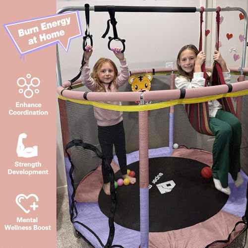 55" Indoor & Outdoor Trampoline for Kids with Enclosure, Toddler Trampoline with Adjustable Gymnastics Bar & Toys, No-Gap Safety Design - Image 3
