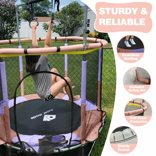 55" Indoor & Outdoor Trampoline for Kids with Enclosure, Toddler Trampoline with Adjustable Gymnastics Bar & Toys, No-Gap Safety Design - Image 4