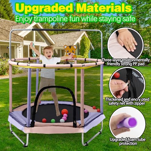 55" Indoor & Outdoor Trampoline for Kids with Enclosure, Toddler Trampoline with Adjustable Gymnastics Bar & Toys, No-Gap Safety Design - Image 6