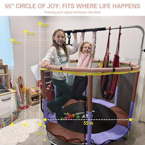 55" Indoor & Outdoor Trampoline for Kids with Enclosure, Toddler Trampoline with Adjustable Gymnastics Bar & Toys, No-Gap Safety Design - Image 7