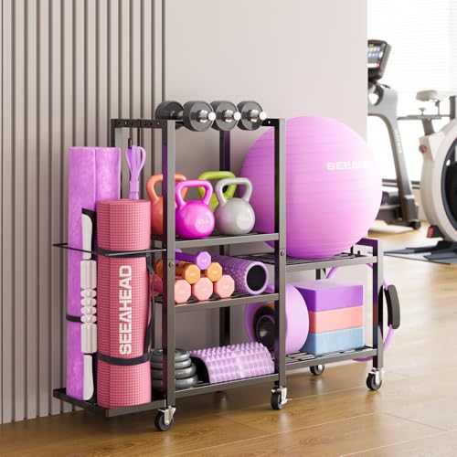 6-Tier Home Gym Storage Rack with Wheels, Dumbbell Weight Rack and Yoga Mat Organizer, Multi-Purpose Gym Equipment Storage Stand for Home Gym Accessories - Image 4