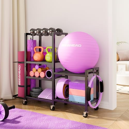 6-Tier Home Gym Storage Rack with Wheels, Dumbbell Weight Rack and Yoga Mat Organizer, Multi-Purpose Gym Equipment Storage Stand for Home Gym Accessories - Image 5