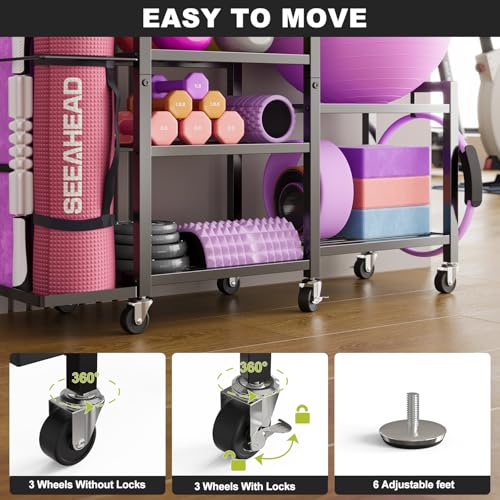 6-Tier Home Gym Storage Rack with Wheels, Dumbbell Weight Rack and Yoga Mat Organizer, Multi-Purpose Gym Equipment Storage Stand for Home Gym Accessories - Image 7