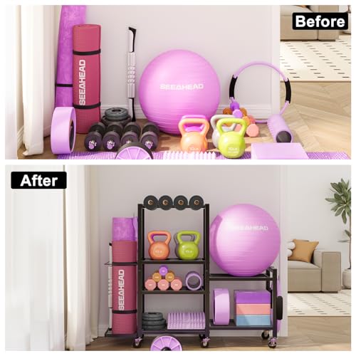 6-Tier Home Gym Storage Rack with Wheels, Dumbbell Weight Rack and Yoga Mat Organizer, Multi-Purpose Gym Equipment Storage Stand for Home Gym Accessories - Image 8