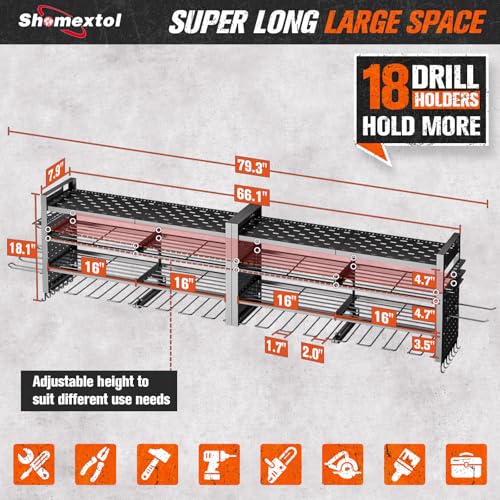 66" W Super Large Power Tool Organizer Wall Mount,Heavy Duty Cordless Tool Organizer with 18 Drill Holder,600 Lbs Capacity 4-Layer Garage Organization for Garage and Workshop (Black) - Image 3
