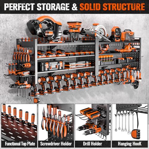 66" W Super Large Power Tool Organizer Wall Mount,Heavy Duty Cordless Tool Organizer with 18 Drill Holder,600 Lbs Capacity 4-Layer Garage Organization for Garage and Workshop (Black) - Image 5