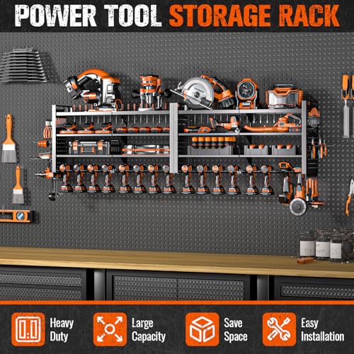 66" W Super Large Power Tool Organizer Wall Mount,Heavy Duty Cordless Tool Organizer with 18 Drill Holder,600 Lbs Capacity 4-Layer Garage Organization for Garage and Workshop (Black) - Image 6