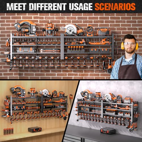 66" W Super Large Power Tool Organizer Wall Mount,Heavy Duty Cordless Tool Organizer with 18 Drill Holder,600 Lbs Capacity 4-Layer Garage Organization for Garage and Workshop (Black) - Image 7