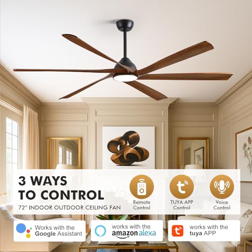 72" Large Outdoor Ceiling Fans with Light, Wood Smart Ceiling Fan with Light Tuya/Alexa Control, High CFM Low Profile Indoor Exterior Fan for Patio Porch Gym Commercial Shop, Reversible Quiet DC Motor - Image 3