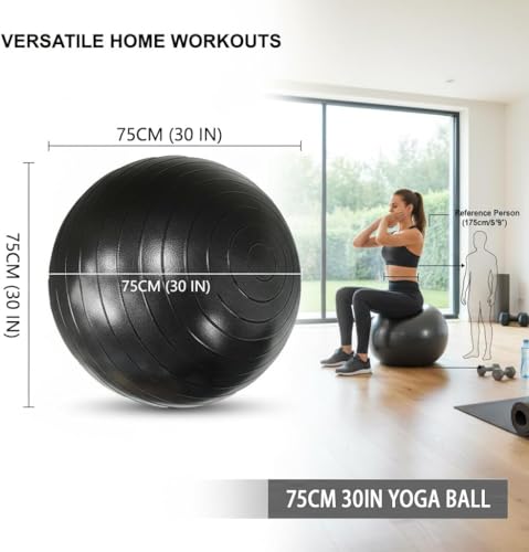 75cm(30in) Exercise Ball, Yoga Ball, Pilates & Fitness – Stability Ball Equipment for Home Gym & Office Chair, Core & Balance Training Accessories,Abs,Stretching, Quick Pump Included, Black - Image 3