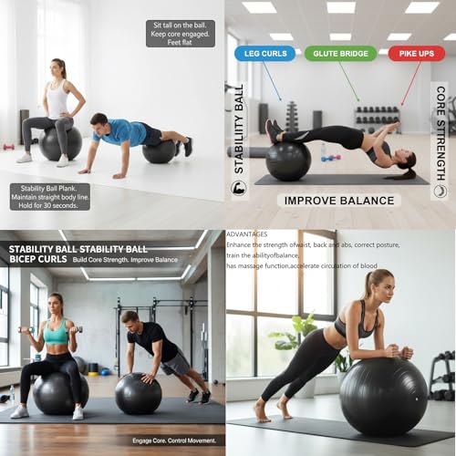 75cm(30in) Exercise Ball, Yoga Ball, Pilates & Fitness – Stability Ball Equipment for Home Gym & Office Chair, Core & Balance Training Accessories,Abs,Stretching, Quick Pump Included, Black - Image 8