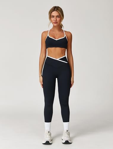 ABOCIW Workout Sets for Women 2 Piece Color Block Strappy Sports Bra High Waist Shorts Gym Yoga Pilates Outfits - Image 3