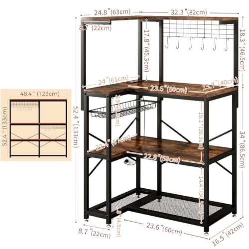 Adjustable Bakers Rack with Power Outlet,Coffee Bar Station with Led Lights,Microwave Stand with Storage,5-Tier Kitchen Shelf,Kitchen Storage Rack for Spices, Pots and Pans,Rustic Brown - Image 3