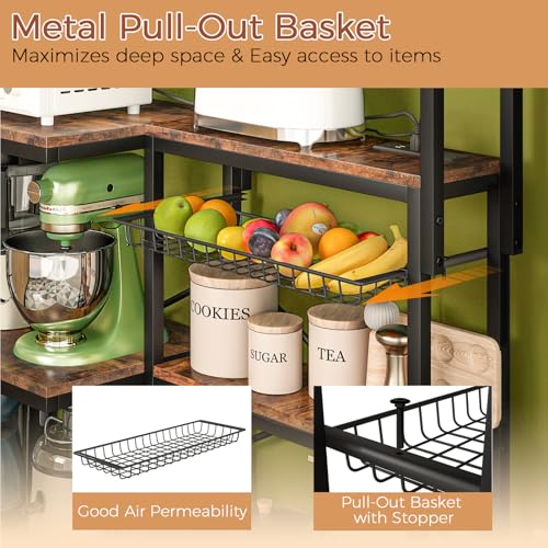 Adjustable Bakers Rack with Power Outlet,Coffee Bar Station with Led Lights,Microwave Stand with Storage,5-Tier Kitchen Shelf,Kitchen Storage Rack for Spices, Pots and Pans,Rustic Brown - Image 5