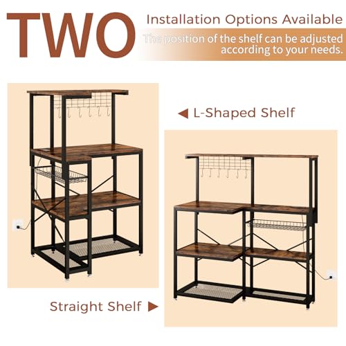 Adjustable Bakers Rack with Power Outlet,Coffee Bar Station with Led Lights,Microwave Stand with Storage,5-Tier Kitchen Shelf,Kitchen Storage Rack for Spices, Pots and Pans,Rustic Brown - Image 6