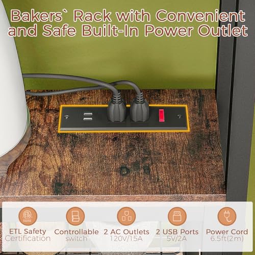 Adjustable Bakers Rack with Power Outlet,Coffee Bar Station with Led Lights,Microwave Stand with Storage,5-Tier Kitchen Shelf,Kitchen Storage Rack for Spices, Pots and Pans,Rustic Brown - Image 7