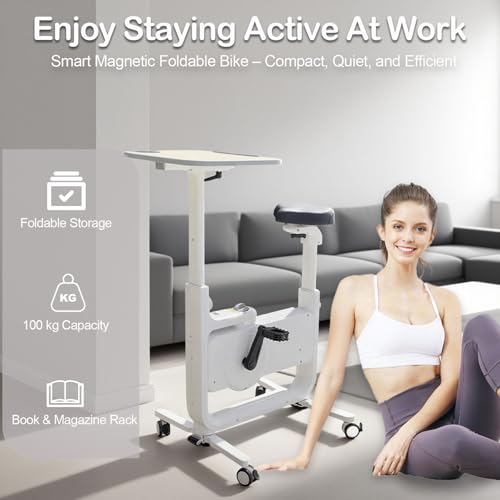 All-in-one Exercise Bike, Foldable Under Desk Bike,300LBS Heavy Duty for Work From Home Spin Bike with Adjustable Resistance/LCD Display/Seat/Desktop,Portable Stationary Bikes for Home - Image 3