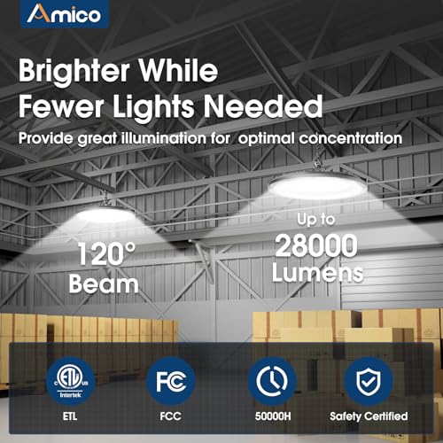 Amico 6 Pack UFO LED High Bay Light 200W 28,000lm 5000K with UL Listed US Hook 5' Cable Alternative to 650W MH/HPS for Gym Factory Barn Warehouse Lighting Fixture - Image 3