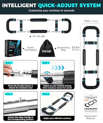 BAGAIL Twister Arm Trainer, 5 or 9 Level Resistance (30-140 lbs) for Chest & Arm Workout, All-in-One Home Gym Strength Training Equipment with Ergonomic Grips & Carry Bag for Men and Women - Image 7