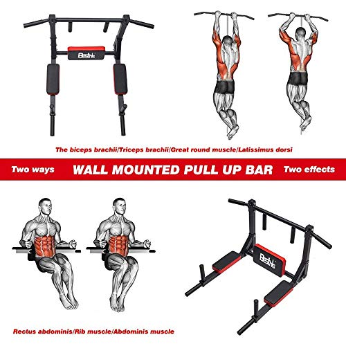 BESTHLS Wall Mounted Pull Up Bar and Dip Station, Heavy Duty Wall Mount Pull-up Chin Up Bar Multifunctional Home Gym Workout Indoor Exercise Equipment Support to 440 Lbs - Image 4