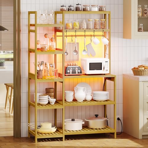 Bakers Rack with Power Outlet, Coffee Bar, 10-Tier Kitchen Shelves with 8 Hooks, Microwave Stand Kitchen Rack Freestanding Utility Storage Shelf, 15.7 x 41 x 65 Inches, Bamboo - Image 4